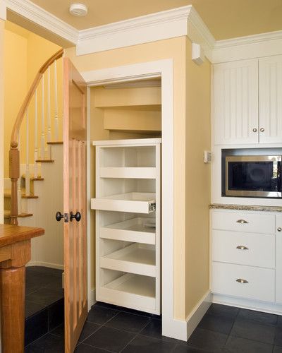 Kitchen pantry built in under the stair, with  pullout shelves.  ***Have the shelving unit on wheels so you could still access the space behind.  (Hide valuables, suitcases, ski stuff.) Pantry Under Stairs, Stairs Pantry, Under Stairs Pantry, Closet Under Stairs, Under Stair Storage, Kitchen Pantry Cupboard, Under Stairs Storage, Under Stair, Built In Pantry