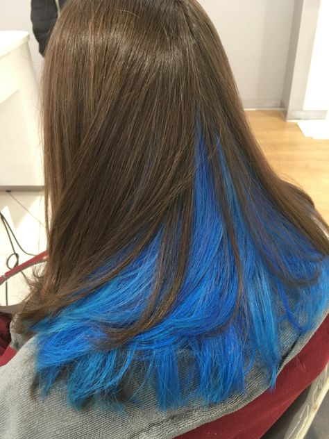 Blue Underdye Hair, Blue Peekaboo Hair, Blue Peekaboo, Underdye Hair, Blue Brown Hair, Weird Haircuts, Peekaboo Hair Colors, Dyed Hair Blue, Hair Dyed