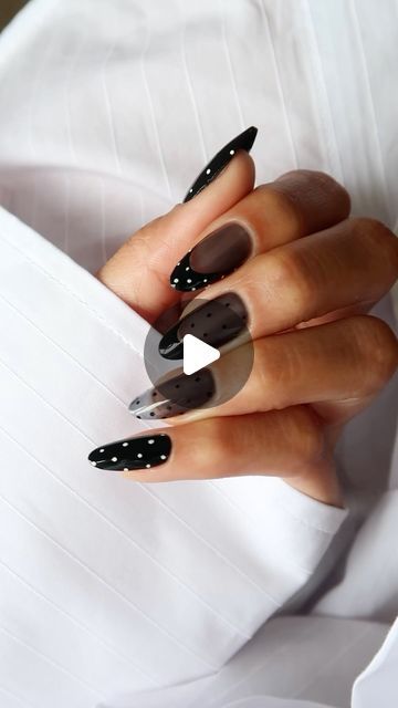 Melanie Graves on Instagram: "ad I A simple diy to make your own sheer black polish + a dotting tool are all you need to recreate this H&M A/W 2023 inspired look! I used a mix of @HMBeauty nail polishes Neo Noir and All Clear to create the sheer black base (make sure to mix it well), and finished up with varying polka dots using White Out and Neo Noir. A chic and easy design for the fall/winter! #HMBeauty
—
#fallnails #fallnailinspo #diynailart #nailarttutorial #fallnailart" Sheer Polka Dot Nails, Black Tip Nails With Dot, Black Sheer Nails, Nails Black Dots, Sheer Black Polka Dot Nails, Black Nails With Polka Dots, Black Dot Nails, Sheer Nails, Easy Design