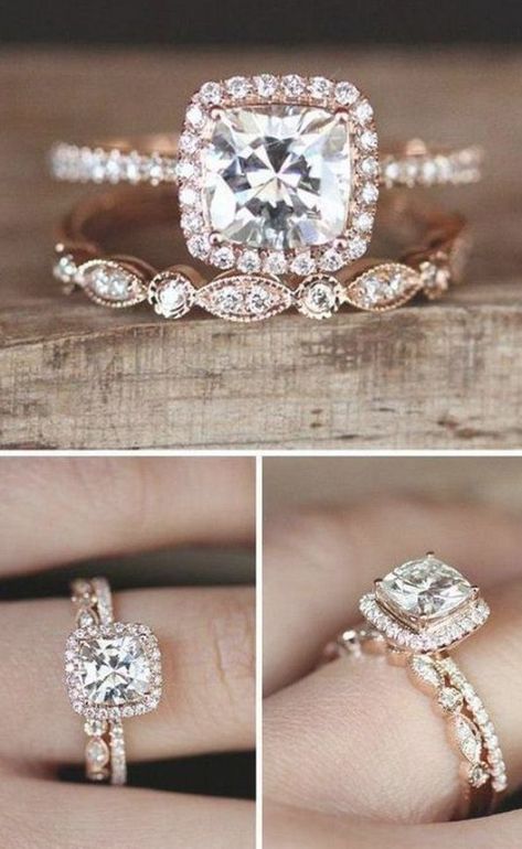 Rose Gold Engagement Rings, Wedding Ring Cushion, Rose Gold Engagement Ring Vintage, Moissanite Ring Set, Cushion Engagement Ring, Cute Engagement Rings, Future Engagement Rings, Engagement Rings Cushion, Cushion Cut Diamond