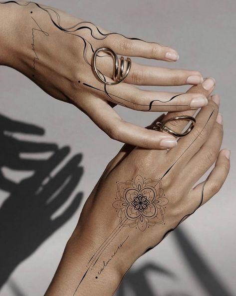 Mystery & Calmness Hand Tattoo For Girls Hand Tattoos Geometric, Line Art Hand Tattoo, Bohemian Hand Tattoos, Arm Hand Tattoo Women, Hand Tattoo Floral, Beautiful Hand Tattoos For Women, Forearm To Hand Tattoo Women, Tattoo For Girls Ideas, Spiritual Hand Tattoos For Women