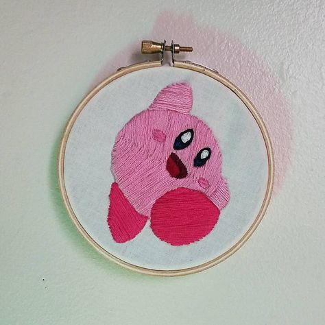 It begins. I guess this will also be a documentation on how I improve...? 1/72 #kirby #embroideryhoop #nerdyembroidery #embroidery #ssbu… Kirby Embroidery, Kirby Cross Stitch, Sanrio Embroidery Pattern, Kirby Embroidery Pattern, Pikmin Embroidery, Nintendo Embroidery, Kirby Yarn World, Diy Birthday Gifts For Friends, Clothes Embroidery Diy