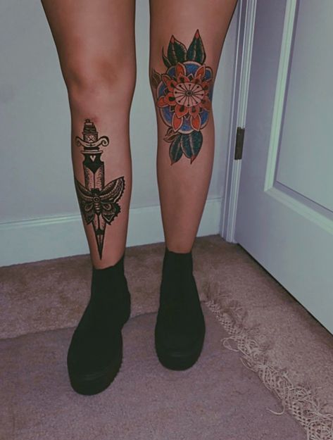 Traditional Shin Tattoos For Women, Dagger Leg Tattoo, American Traditional Shin Tattoo, Lower Shin Tattoo, Lower Shin Tattoo For Women, Traditional Ankle Tattoo, Dagger Tattoo Placement, Knee Tattoo Women, Front Shin Tattoo For Women