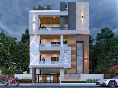 Elevation design by Sri drona designs Home Front Elevation, Building Front Designs, 3 Storey House Design, Indian House Plans, House Outer Design, Small House Elevation, 3d Floor Plan, Residential Building Design, Modern Small House Design