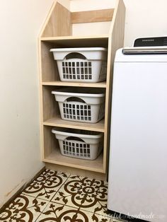 Organize your laundry room with this stackable laundry basket storage. This easy to build shelf unit is the perfect laundry basket organizer.