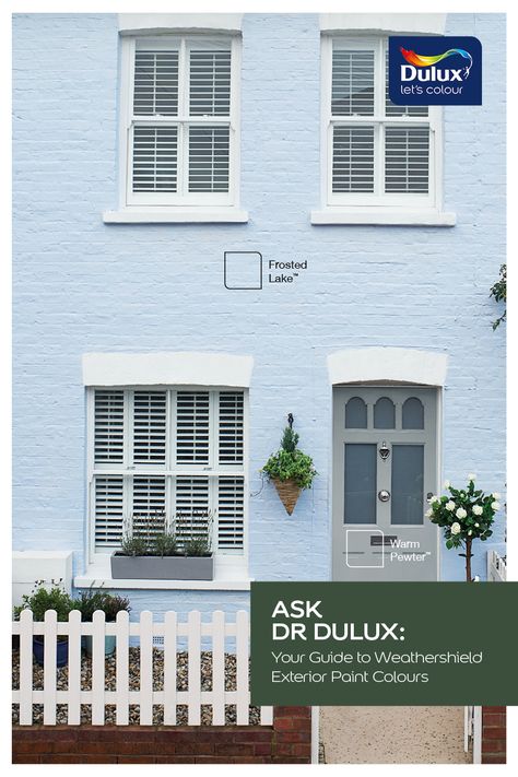 Dulux Weathershield - Frosted Lake & Warm Pewter Dulux Weathershield Exterior Colours, Outdoor Colours For Houses, Masonry Paint Colours, Dulux Exterior Paint, Home Exterior Colors Schemes, Outdoor Paint Colors, Exterior Masonry Paint, Dulux Weathershield, House Moodboard