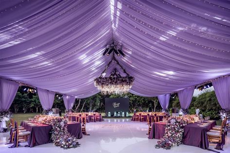 Saying "I Do" in a Purple Oasis - WedLuxe Magazine Deep Purple Wedding, Lilac Decor, Wedding Caricature, Wedding Hall Decorations, Wedding Entrance Decor, Wedding Backdrop Design, Wedding Hall, Bali Wedding, Floral Arch