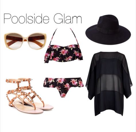 We paired a cute floral bikini with a simple sheer black cover-up and some great accessories. The studded sandals add the perfect amount of edge, while the hat and sunglasses will make you look effortlessly chic in your poolside glam look. Las Vegas is known for it's extravagant pools and pool parties. Whether you're going to lounge and tan or enjoy a couple of drinks at a day club, you'll look fabulous in this outfit. #deuxshopaholics #kendrasnightout Extravagant Pools, Pool Club, Poolside Outfit, Hat And Sunglasses, Vegas Birthday, Floral Dress Outfits, Pool Party Outfits, Day Club, Poolside Fashion