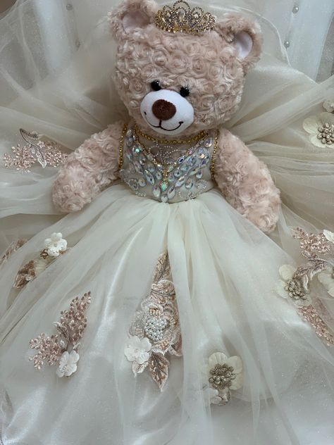 Champagne Quince Teddy Bear, Champagne Themed Quinceanera, Princess Quinceanera Theme Decorations, Quinceanera Last Teddy Bear, Champagne Butterfly Quinceanera Theme, Gold Champagne Quinceanera Dress, Quince Decorations Champagne, Quince Teddy Bear Pink, White Quinceanera Decorations