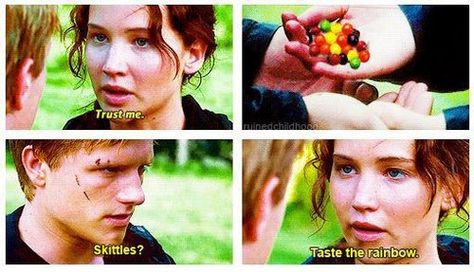 skittles? Peeta And Katniss, Hunger Games Memes, I Volunteer As Tribute, Hunger Games Fandom, Hunger Games Humor, Hunger Games 3, Hunger Games Series, Hunger Games Catching Fire, Hunger Games Trilogy