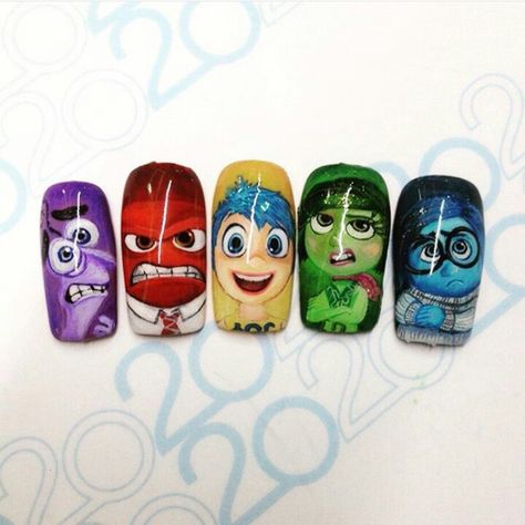 Inside Out 2 Inspired Nails, Inside Out Nails Disney, Disney Characters Nails, Inside Out 2 Nails, Inside Out Nail Art, Inside Out Nails, Nail Art Character, Disney Character Nails, Monster Inc Nails