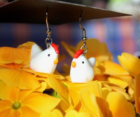 Chicken Earrings Clay, Clay Chicken Earrings, Funny Clay Earrings, Biscuit Earring, Fimo Clay Earrings, Wild Earrings, Chicken Earrings, Cottagecore Jewelry, Wild Duck