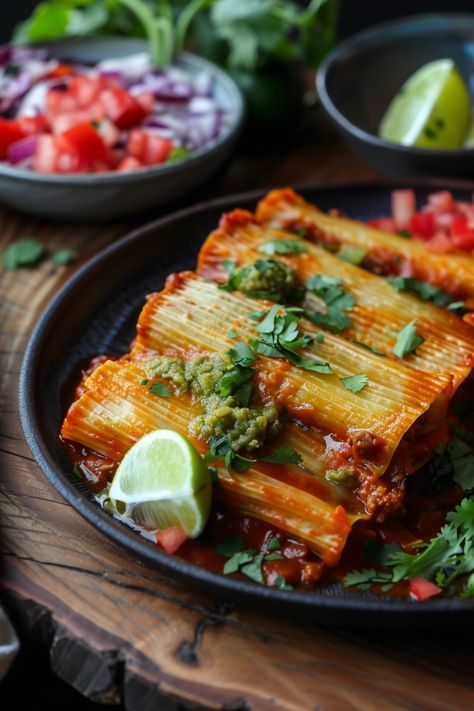 Three manicotti pasta shells stuffed with ricotta cheese, topped with marinara sauce, garnished with cilantro and pesto, served with a lime wedge and vegetable side dishes. Tamales Aesthetic, Pork Tamales Recipe Authentic, Mexican Tamale Pie, Tamales Authentic Mexican, Authentic Tamales Recipe, Tamale Party, Traditional Tamales, Beef Tamales, Mexican Tamales