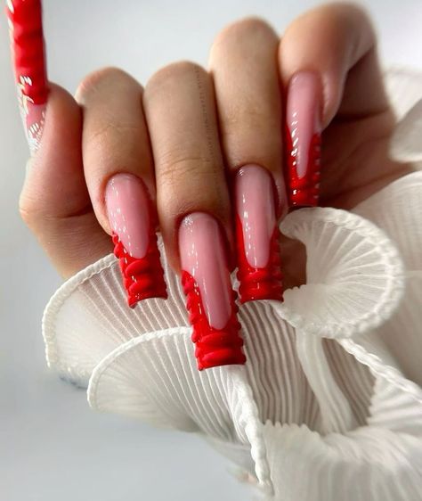 Nails Acrylic Long French Tip, Almond Colorful Nails, Nail Inspo Coffin Red, Red French Tips With Chrome, Pink And Red Nails Acrylic, Red Long Nails Designs, Long Coffin Nails Acrylics, Red Inspo Nails, Nail Ideas Long Square