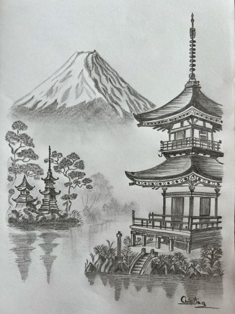 Japanese Temple (Pagoda) — Drawing - pencil sketch - A place I ... 💚💛💜💖 ... !!! Japanese Temple Drawing, Pagoda Drawing, Temple Drawing, Japanese Pagoda, Creepy Drawings, Japanese Temple, Temple Art, Japanese Landscape, Landscape Drawings