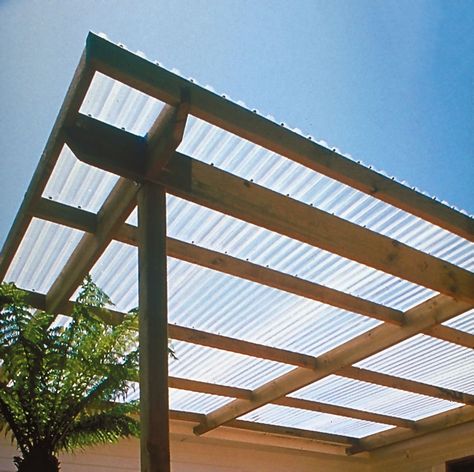 PALRUF® Corrugated PVC Panels in clear makes an attractive yet economical choice for any patio covering. Frp Doors, Corrugated Polycarbonate, Patio Covering, Deck Ceiling, Corrugated Plastic Roofing, Fiberglass Roof, Media Sombra, Corrugated Roofing, Porch Roof