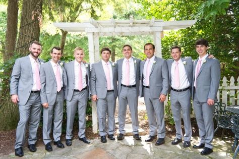 Grey Groomsmen Suits, Grey Groomsmen, Pink Wedding Details, Gray Groomsmen Suits, Pink Bridesmaids Dresses, White Bouquets, Groomsmen Grey, Pink Bridesmaids, Blush Pink Bridesmaids