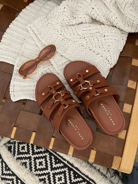 Shop these shoes: brown slide sandals with gold detailing Brown Sunglasses, Shoes Brown, Marc Fisher, Brown Sandals, Gold Details, Slide Sandals, Fashion Inspiration, Style Inspiration, Sandals