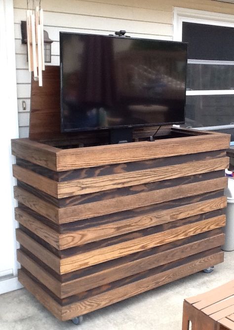 Outdoor TV. Homemade custom TV cabinet with remote TV lift. Outdoor Tv Stand, Patio Tv, Outdoor Tv Enclosure, Tv Stand Plans, Outdoor Tv Cabinet, Tv Enclosure, Tv Lift Cabinet, Entertainment Center Furniture, Tv Lift