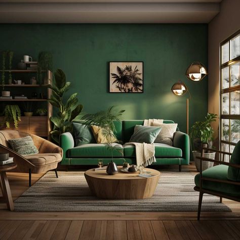 How to Use Green in Your Living Room for a Soothing Ambiance • 333+ Inspiring Lifestyle Ideas Green Living Room Plants, Forest Green Lounge Living Rooms, Emerald Green Feature Wall, Boho Green Living Room, Green Living Room Aesthetic, Green Living Room Color Scheme, Living Room Design Green, Green Sofa Living, Green Couch Living Room