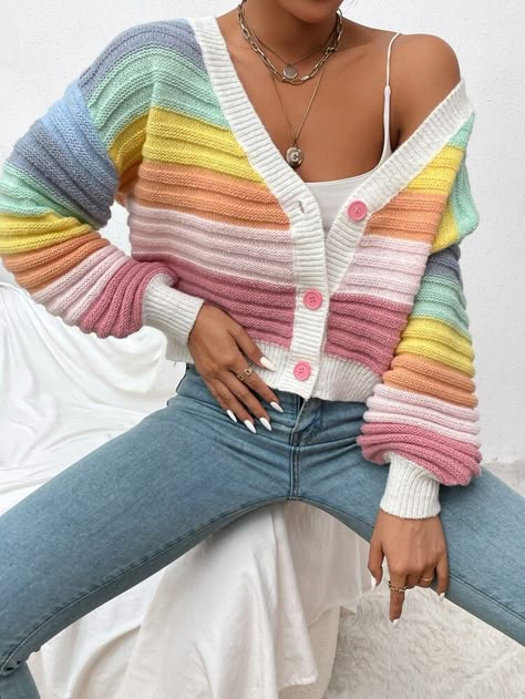 Loose Knit Cardigan, Knit Sweater Coat, Matching Sweaters, Color Block Cardigan, Loose Knit Sweaters, Outfit Jeans, Crochet Inspo, Loose Sweater, Casual Sweaters