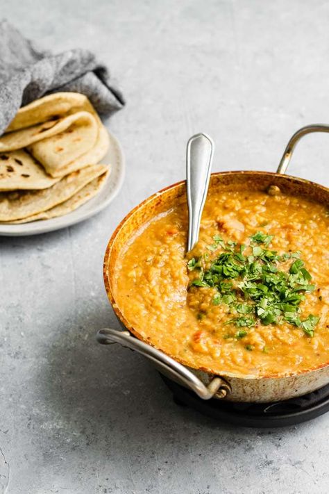 Masoor Dal Tadka - Indian Red Lentil Dal Red Lentil Dal Recipe, Indian Lentil Curry, Indian Lentil Soup, Tadka Dal, Indian Lentils, Dal Tadka, Vegan Indian Recipes, Masoor Dal, Lentil Dal