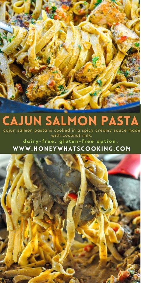 Cajun Salmon Pasta (dairy-free, gf option) Healthy Seafood Pasta Recipes, Vegan Salmon Pasta, Cajun Seafood Alfredo Pasta, Meals For Pescetarian, Pasta For Salmon, Cajun Pasta With Salmon, Shrimp Salmon Pasta, Summer Pescatarian Recipes, Rasta Pasta Salmon