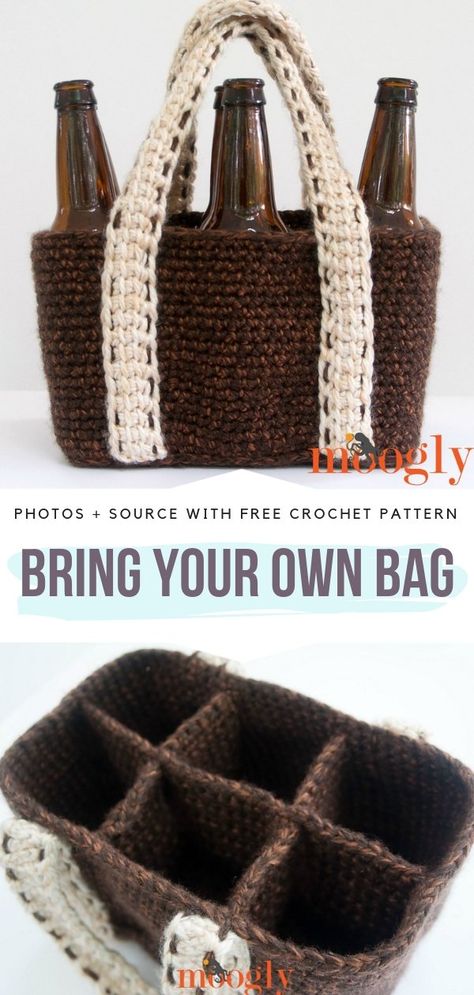 Bring Your Own Bag Free Crochet Pattern Bottle Cozies, Crochet Santa, Crochet Shell Stitch, Gift Crochet, Crochet Gratis, Crochet Basket Pattern, Crochet Bags Purses, Chale Crochet, Crochet Basket