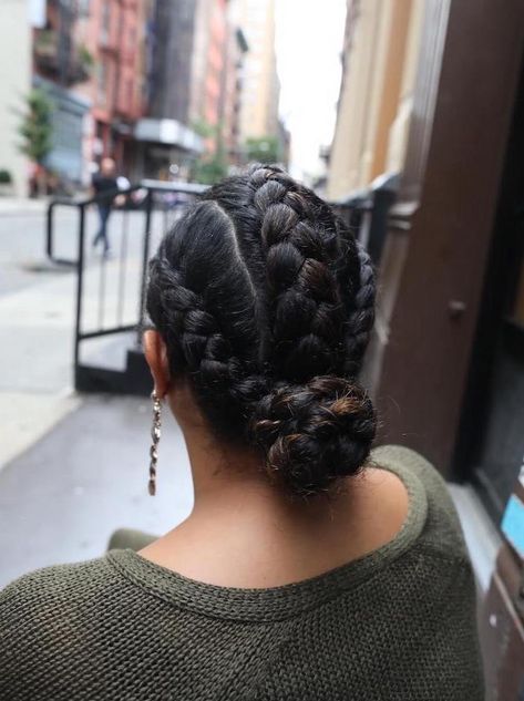 triangle-box-braids-black-hair-three-braids-bun-green-sweater-earrings Braids For Sports, Beautiful Braid Hairstyles, Hairstyles Bohemian, Man Braid, French Braid Bun, 2018 Hairstyles, Hairstyles French, Dutch Braid Bun, Blond Hairstyles