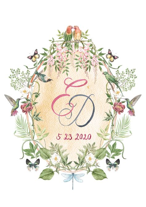 Colourful Watercolor monogram including flowers, birds and butterflies Earth Dress, Wedding Crest Monogram, Watercolour Wedding, Crest Monogram, Watercolor Monogram, Wedding Crest, Wedding Illustration, Botanical Watercolor, Wedding Logos