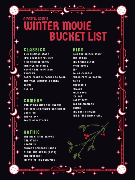 Goth Bucket List, Winter Movie Marathon, Winter Movie Bucket List, Movies For Winter, Christmas Movies Bucket List, Christmas Movie List 2023, Movies To Watch In January, Winter Movie List, Simple Christmas Traditions