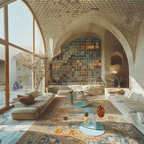 Step into a serene oasis with this Persian modern living room, where a Pastel Paradise Color Palette meets the raw beauty of brick and glass. Set in the heart of the desert, this living space is a harmonious blend of traditional Persian elements and contemporary design, creating a tranquil retreat that exudes elegance and warmth.#architecture #house #fashion #decor #diy #homedecor #amazingarchitecture #interiordesign #contemporaryhome #modern #residence #designer Persian House Design, Persian Home Interior Design, Persian Home Design, Iranian Home Decor Interior Design, Persian House, House Wall Design, Persian Architecture, Arabic Design, Glass Brick