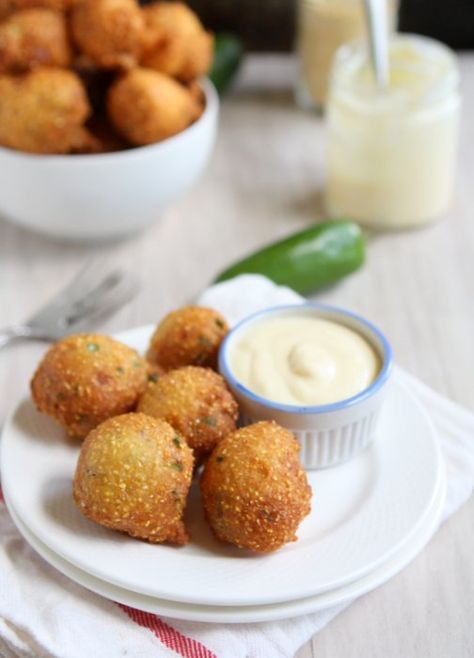 Hush Puppies with Creamy Honey Orange Dipping Sauce | http://thekitchenpaper.com/hush-puppies-with-creamy-honey-orange-dipping-sauce/ Orange Dipping Sauce, Hush Puppies Recipe, Creamy Honey, Dipping Sauces Recipes, Southern Dishes, Creamy Dip, Orange Sauce, Happy Food, Kitchen Paper