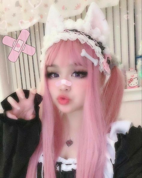 Cat Ears, Pink Hair, A Girl, Hair, Pink, White, Black, Kawaii