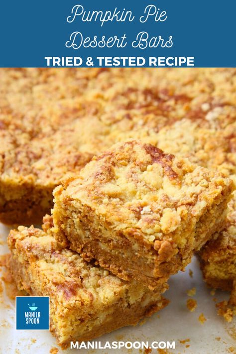 Pumpkin Pie Dessert Bars The Best Pumpkin Bars, Favorite Holiday Desserts, Pumpkin Pie Bars, Best Pumpkin Pie, Pumpkin Pie Mix, Easy Pumpkin Pie, Pumpkin Bars, Spice Cake Mix, Easy Baking Recipes Desserts