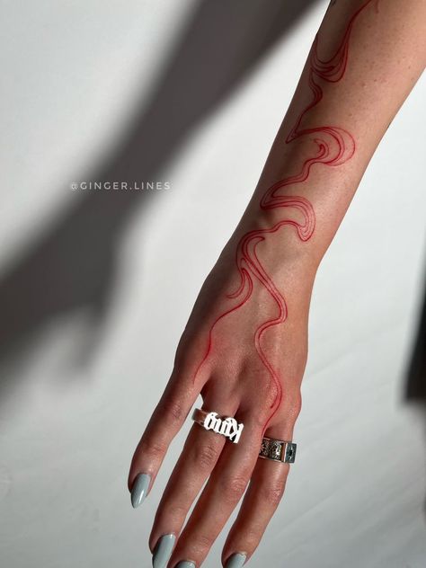 Red Tattoo Abstract, Abstract Liquid Tattoo, Red Tattoo Fine Line, Red Fine Line Tattoo Ideas, Liquid Tattoo Design, Abstract Line Tattoo Arm, Red Lines Tattoo, Red Line Tattoos, Red Abstract Tattoo