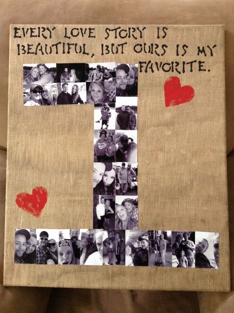 One year anniversary gift I made for my boyfriend. I took a canvas board and stretched burlap fabric over it. Sprayed the burlap with iced tea to give it an aged look and then glued pictures of us to it using Modge Podge! Diy Anniversary Gifts, Diy Valentines Gifts For Him, Romantic Diy Gifts, Diy Anniversary Gifts For Him, Ideas Aniversario, Bday Gifts For Him, Diy Anniversary Gift, Homemade Anniversary Gifts, Romantic Gifts For Him