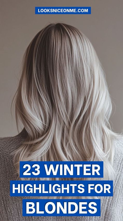 "Winter-ready blonde hair? Yes, please! Check out these 23 gorgeous highlight ideas that range from frosty silver to buttery blonde. Perfect for adding dimension and shine to your winter look! #BlondeHighlights #WinterHairInspo #HairColorTrends" Blond Highlights On Graying Hair, Honey Blonde Hair With Silver Highlights, Platinum And Silver Highlights, Platinum Blonde Highlights On Light Brown Hair, Highlights To Cover Gray Hair Blonde, Pearl Blonde Hair Highlights, Silvery Blonde Highlights, Silver Highlights On Blonde Hair, Frosty Blonde Hair