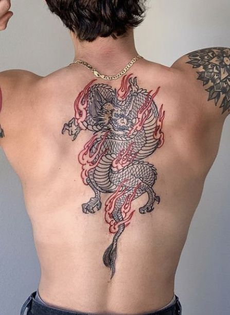 Japanese Back Tattoos For Guys, Men Dragon Tattoo Back, Dragon Back Tattoos Men, Japanese Dragon Spine Tattoo, Japanese Dragon Back Tattoo Men, Chinese Dragon Back Tattoo, Men’s Back Tattoo Dragon, Symmetrical Back Tattoo, Red And Black Tattoos