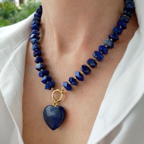 Raw lapis lazuli necklace with heart pendant. Big beaded necklace. Chunky statement gemstone necklace for women. Large handmade necklace with big bead and gemstone. Big bold bohemian bright necklace in gold color are suitable for an casual look, evening look and for a holiday. These necklace will be a good christmas, anniversary, wedding or birthday gift for mom, wife, girlfriend, sister or daughter. Women's necklace with natural stone. It emphasizes the beauty of your neck and adds charm to you Make Your Own Jewelry Necklaces, Big Stone Jewellery, Chunky Gemstone Necklace, Natural Stone Necklaces Handmade, Statement Gemstone Necklace, Chunky Stone Necklace, Bold Bohemian, Necklace With Stone, Bright Necklace