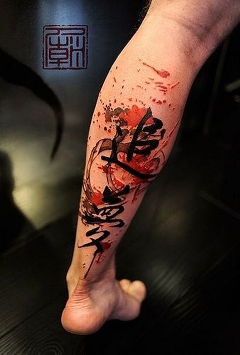 Another usual tattoo designs are Chinese characters. There are different characters that symbolizes different words Red And Black Tattoo, Tatuaje Trash Polka, Font Tato, Best Leg Tattoos, Kunst Tattoos, Calligraphy Tattoo, Chinese Tattoo, Trash Polka Tattoo, Magic Tattoo