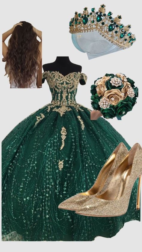 Emerald Green And Gold Quinceanera Dress, Emerald Green Quince Dresses With Gold, Dark Green Quince, Qenseñera Ideas, Dress Shuffles, Dark Green Quinceanera Dresses, Emerald Quince, Mexican Dresses Traditional, Quinceañera Planning