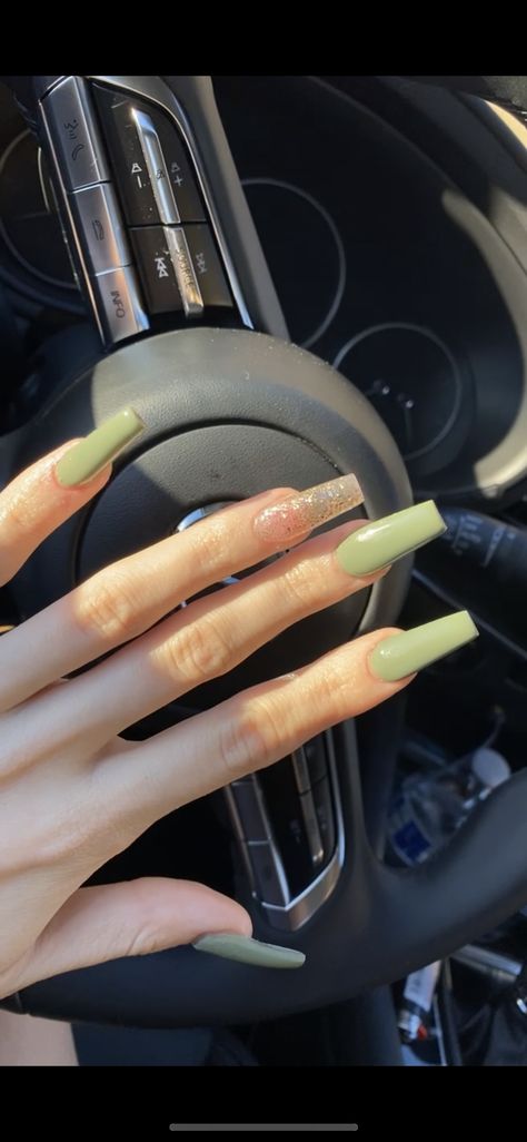 green coffin nails Coffin Sage Nails, White And Green Nails Coffin, Long Light Green Nails, Light Green Nails With Rhinestones, Green Nails No Design, Light Green Coffin Acrylic Nails, Green Nails Ideas Coffin, Square Nail Designs Green, Green Medium Nails