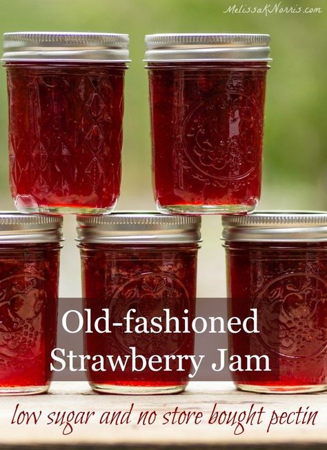 This easy homemade strawberry jam recipe uses only 4 ingredients. Homemade goodness without pectin (Sure Jell), low in sugar, and complete with canning instructions! Low Sugar Strawberry Jam Recipe, Strawberry Jam Recipe Without Pectin, Easy Strawberry Jam, Coconut Dessert, Strawberry Jam Recipe, Canning Jam, Homemade Strawberry Jam, Jam And Jelly, Jam Recipe