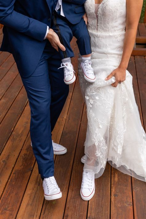 Groom With White Shoes, Wedding With Converse, Bride Groom And Son Pictures, Matching Wedding Converse, Wedding Converse Bride And Groom, Groom With Sneakers, Bride And Groom Converse, Matching Bride And Groom, Groom Converse