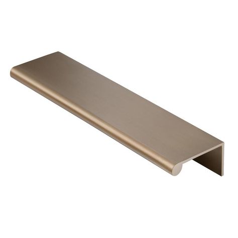 Champagne bronze finish. Door and drawer pull replacement for any Robinson vanity or storage cabinet. Scott Living Robinson 4-3/8-in Center to Center Champagne Bronze Rectangular Finger Cabinet Door Pull | 1192HW-110-CB Shaker Cabinet Hardware, Modern Shaker Cabinets, Profile Handle, Portfolio Project, Scott Living, Apt Ideas, Finger Pull, Crafts Room, Brass Handle