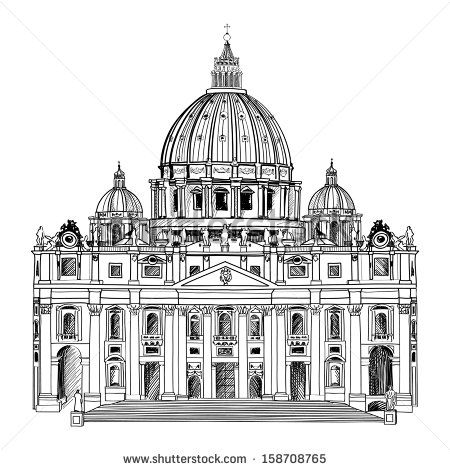 St. Peter's Cathedral, Rome, Italy. Hand drawn vector illustration isolated on white background. Saint Pietro Basilica.  - stock vector St Peters Basilica Drawing Perspective, St Peter's Basilica Sketch, Neoclassical Architecture Sketch, St Peters Cathedral, Rome Architecture, Architecture Antique, Architecture Drawing Sketchbooks, Building Sketch, St Peters Basilica