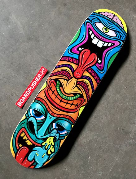 Featured Deck of the Day: Tiki by Lou Simeone Skateboard Artwork, Painted Skateboard, Longboard Design, Skateboard Deck Art, Skateboard Art Design, Snowboard Girl, Custom Skateboards, Surfboard Art, Surfboard Design