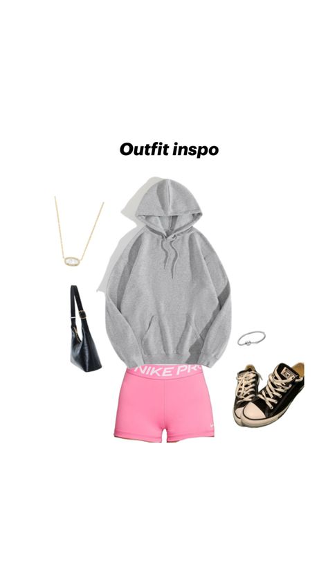 Hoodie, pink nike pros, converse Outfits With Nike Pros, Nike Pros Outfit, Pink Nike Pros, Pink Nike, Pink Nikes, Clean Girl, Nike Pros, Converse, Cute Outfits