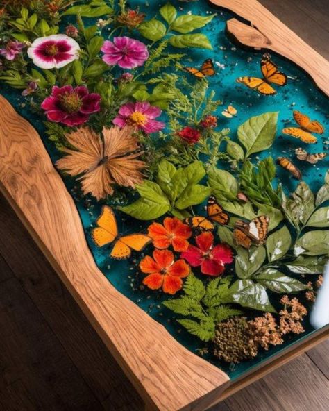 🌸🌿 Bring nature indoors with this vibrant floral and butterfly epoxy resin table. The intricate details and bright colors create a lively centerpiece that's sure to brighten up any room. Tap ❤ if you're inspired by nature and follow us for more unique resin creations!⁣ #resinart #coastalliving #interiorinspo #coffeetable #interiorinspiration #interiordecorating #tranquility #interiorstyle #decorating #interiør #woodwork #diningroom #homestyling #homeinterior #interiorandhome #decorator #ilum... Diy Moss, Resin And Wood Diy, Moss Rug, Resin Countertops, Epoxy Resin Table, Diy Epoxy, Resin Design, Resin Furniture, Diy Resin Art